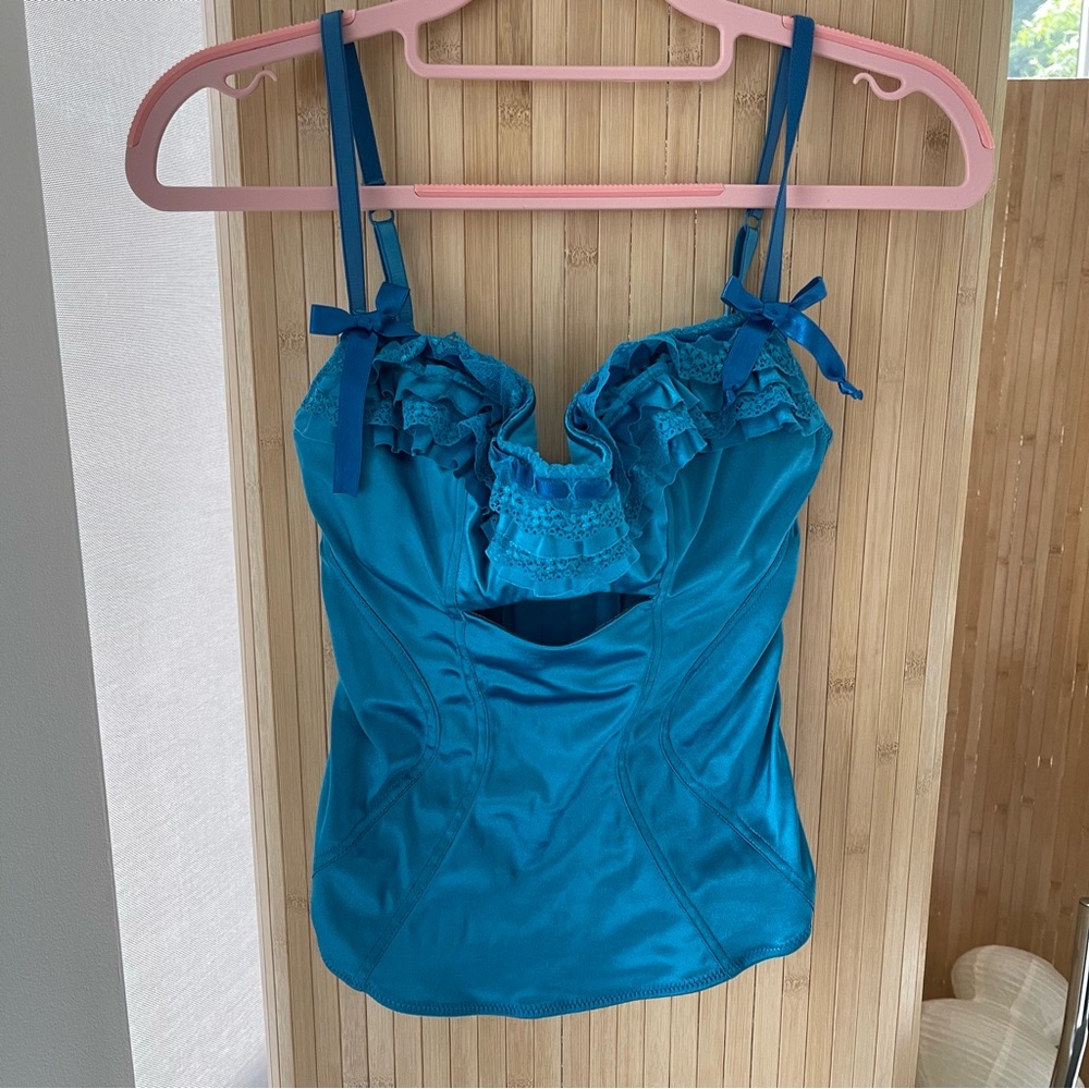 victoria’s secret bustier-shiny satin turquoise aqua blue ruffle lace vintage - Picture 7 of 10